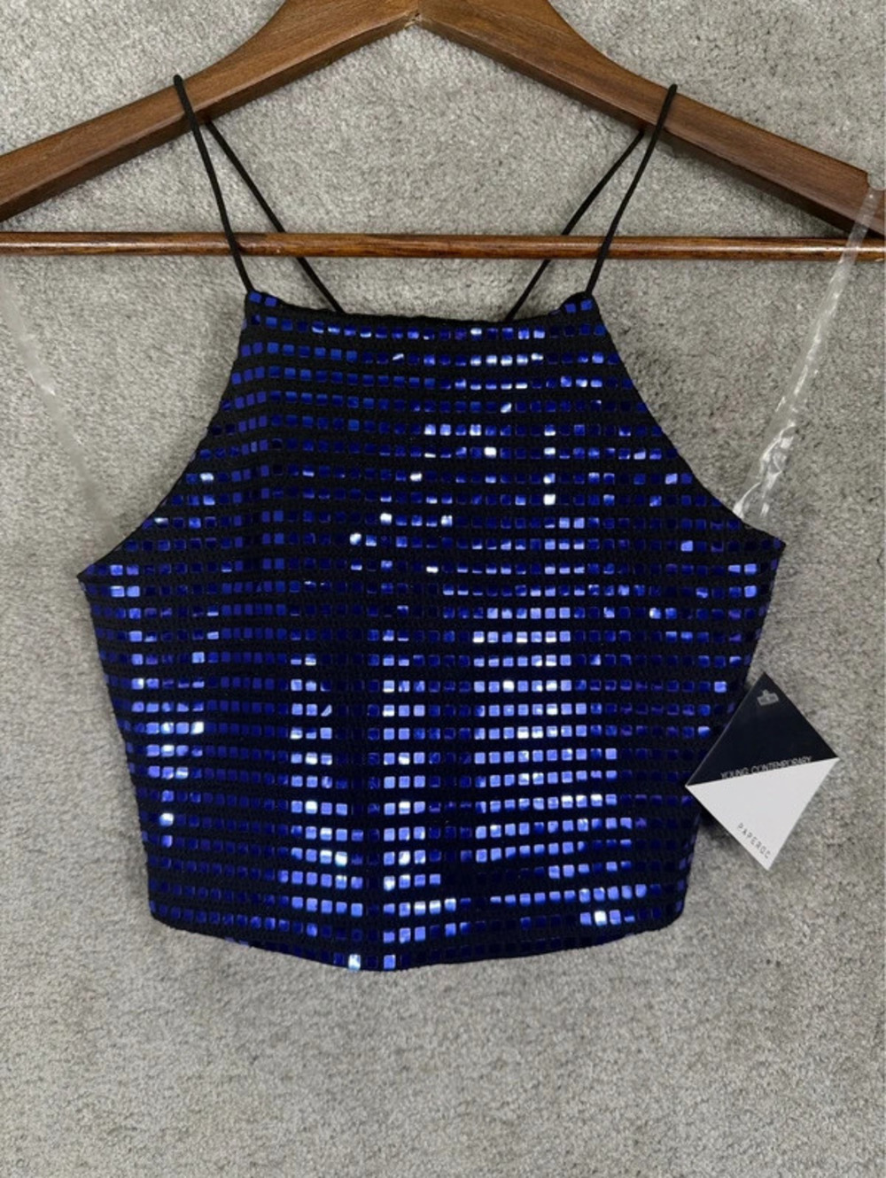 Paperoc XS Blue Sequin Cropped Tank Top with Cross-back Straps